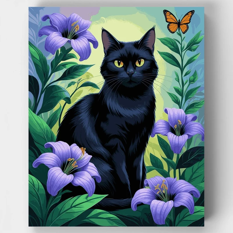 Elegant Black Cat Among Purple Flowers - Paint by Numbers Kit