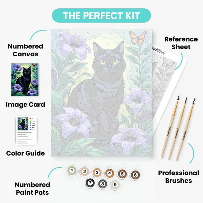 Elegant Black Cat Among Purple Flowers - Paint by Numbers Kit