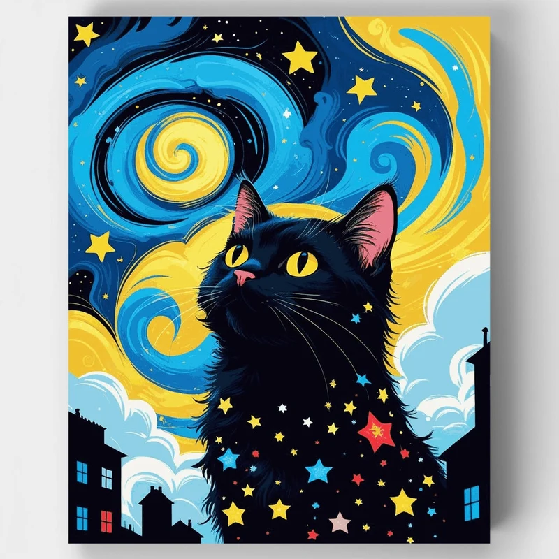 Black Cat with Starry Night Sky Swirls - Paint by Numbers Kit