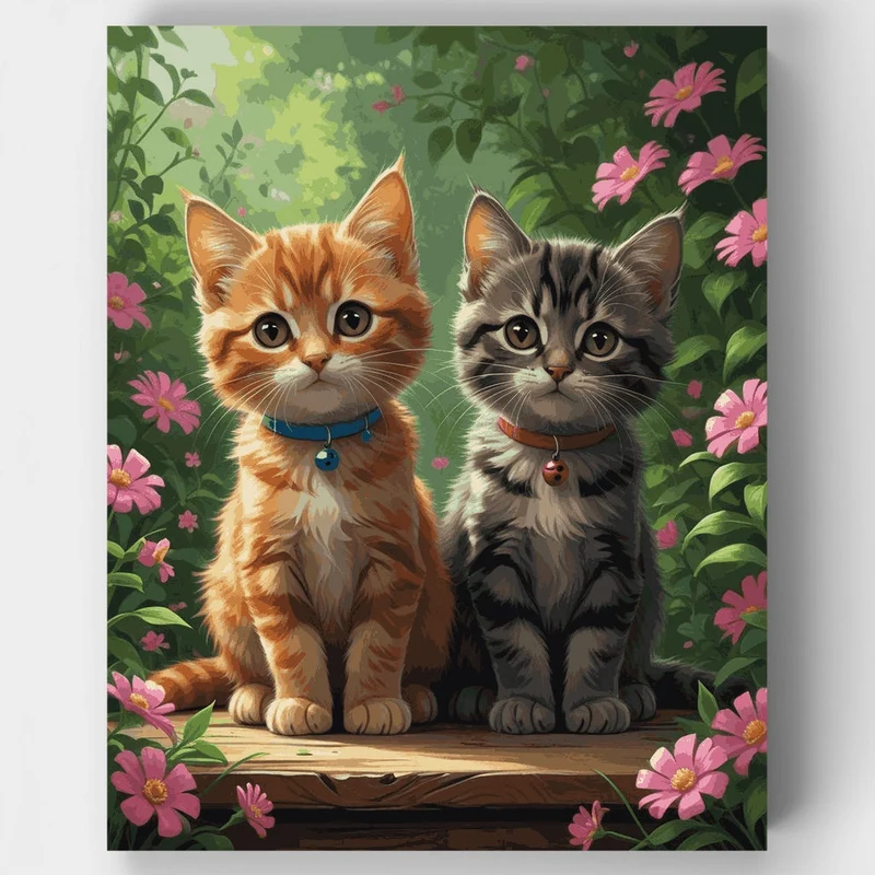 Two Kittens Sitting Together in Pink Flower Garden - Paint by Numbers Kit