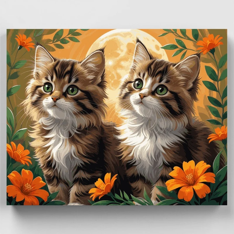 Two Fluffy Kittens Under Golden Moon - Paint by Numbers Kit