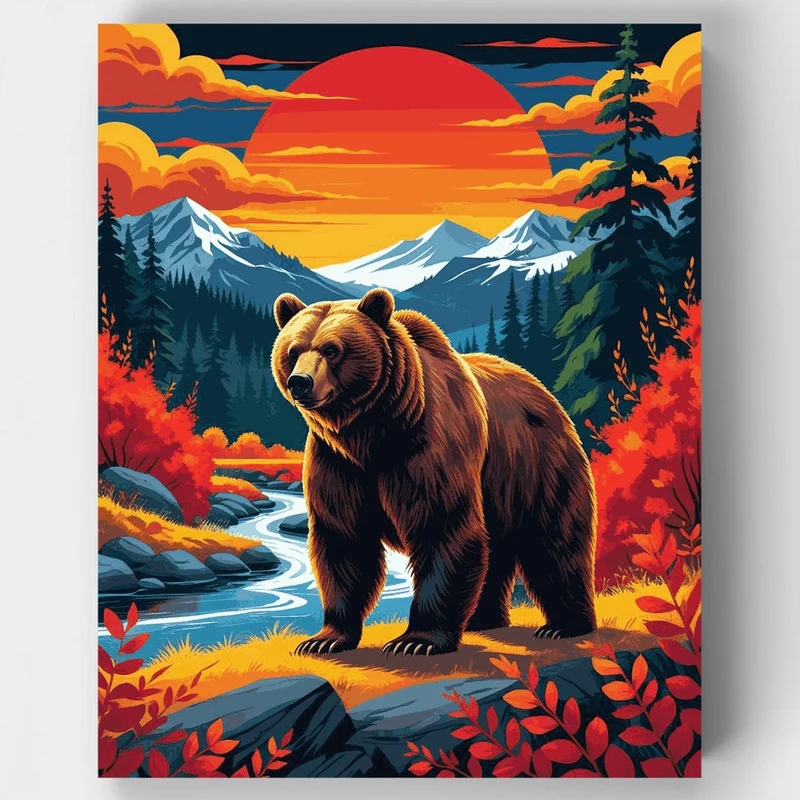 Majestic Bear at Sunset Mountain Stream - Paint by Numbers Kit