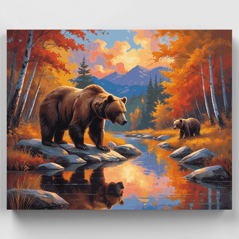 Grizzly Bears in Autumn Stream - Paint by Numbers Kit