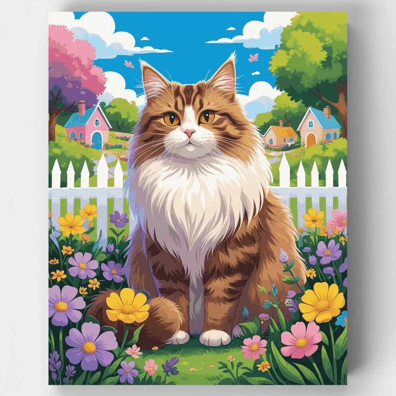 Fluffy Tabby Cat in Garden Paradise - Paint by Numbers Kit