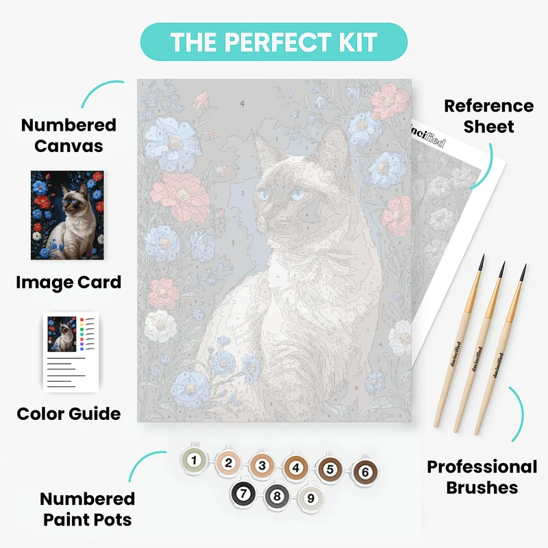 Siamese Cat with Blue Eyes in Floral Garden - Paint by Numbers Kit