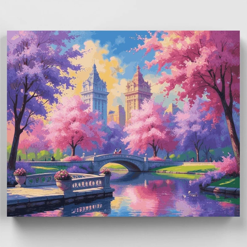 Spring Park with Colorful Blossoms and Historic Towers - Paint by Numbers Kit