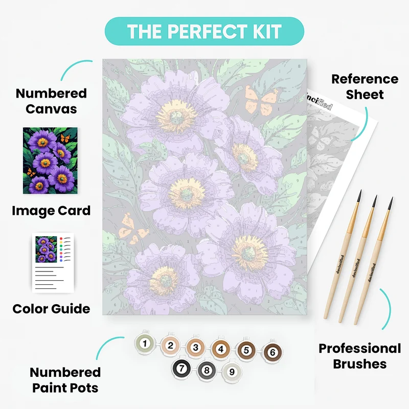 Purple Flowers with Orange Butterflies - Paint by Numbers Kit