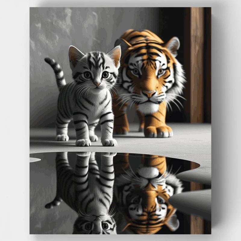 Striped Kitten and Tiger Reflection - Paint by Numbers Kit