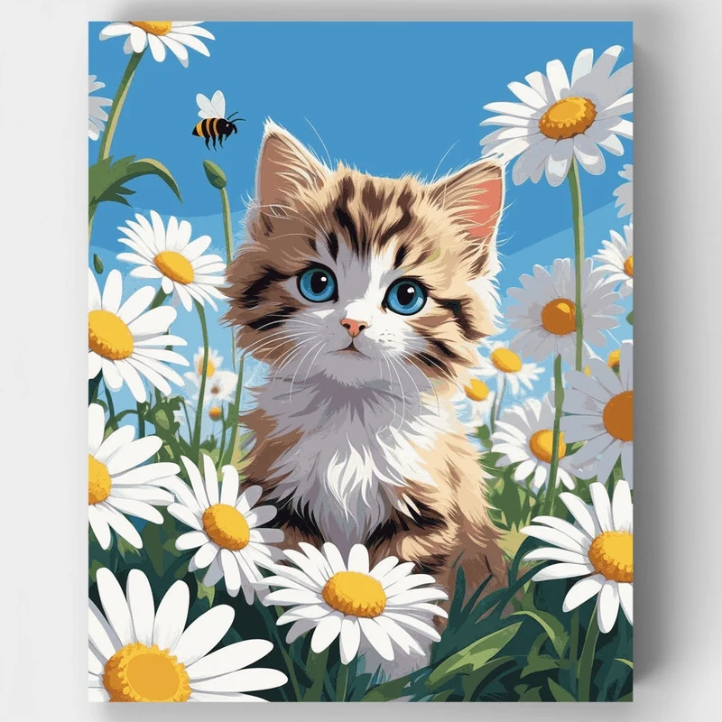 Fluffy Kitten with Blue Eyes in Daisy Garden - Paint by Numbers Kit