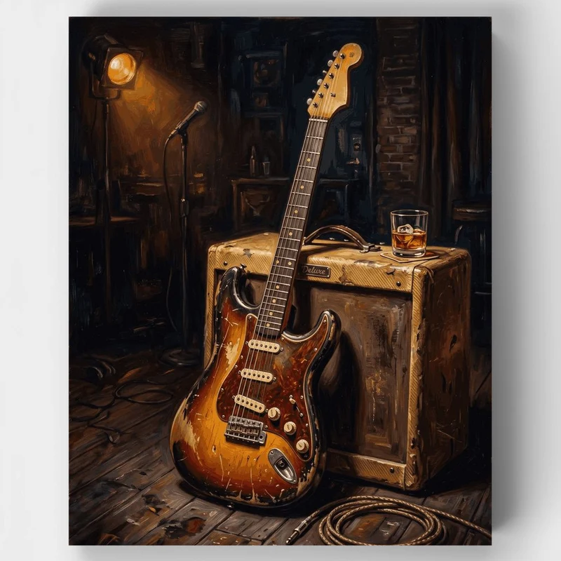 "Vintage Electric Guitar and Amp on a Dark Stage" Paint by Numbers Kit