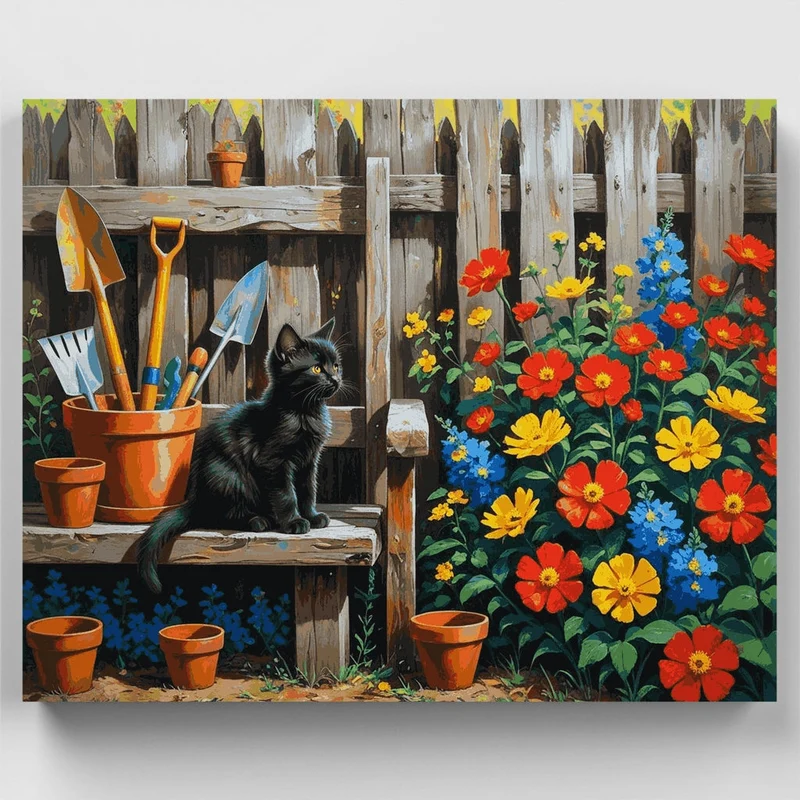 Black Cat in Garden with Flowers - Paint by Numbers Kit