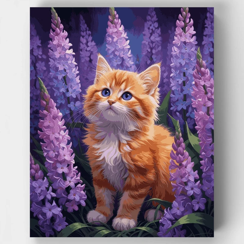Orange Kitten in Purple Lavender Garden - Paint by Numbers Kit