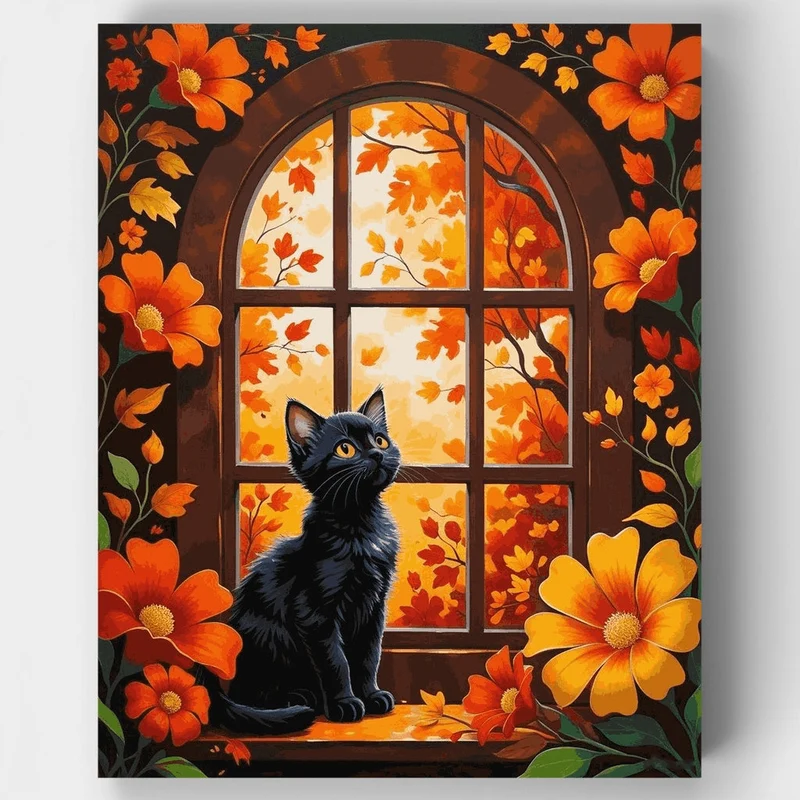 Black Kitten in Autumn Window - Paint by Numbers Kit
