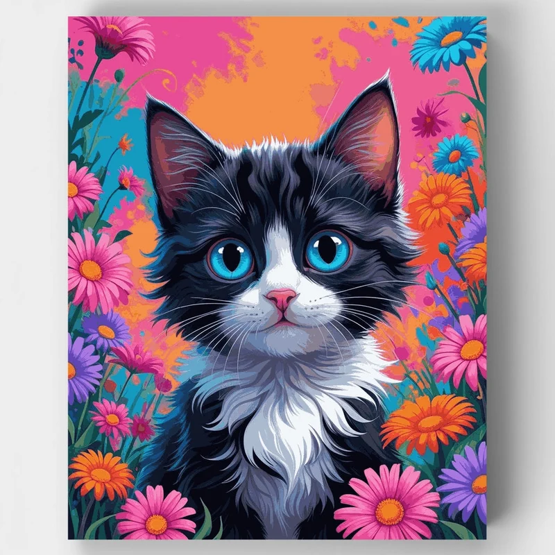 Tuxedo Kitten in Vibrant Flower Garden - Paint by Numbers Kit