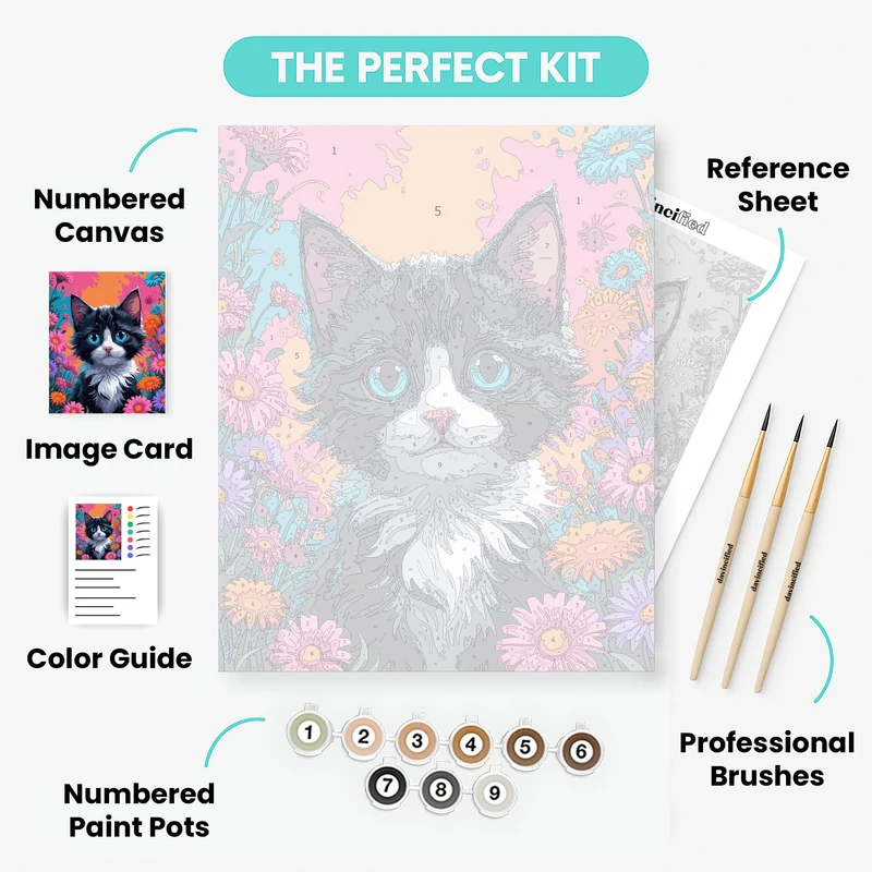 Tuxedo Kitten in Vibrant Flower Garden - Paint by Numbers Kit