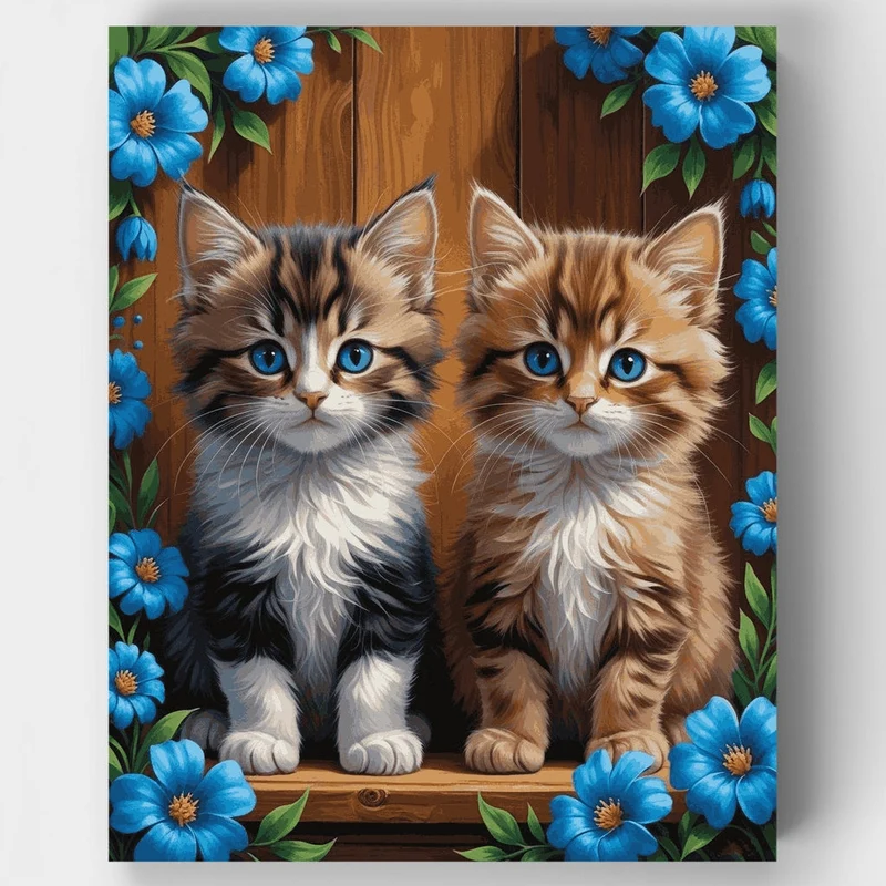 Two Adorable Kittens with Blue Flowers - Paint by Numbers Kit