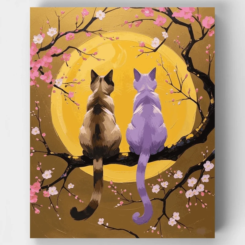 Two Cats Under Cherry Blossoms Moon - Paint by Numbers Kit