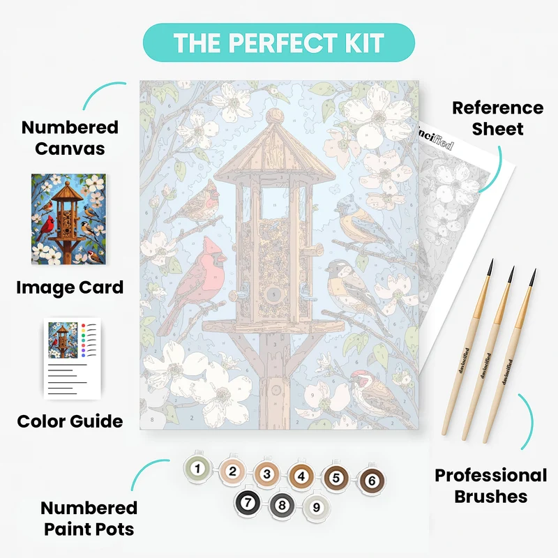 Bird Feeder with Colorful Songbirds and Blossoms - Paint by Numbers Kit