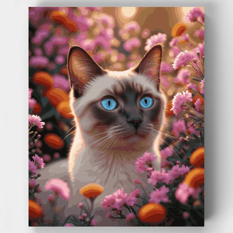 Siamese Cat in Blooming Garden - Paint by Numbers Kit