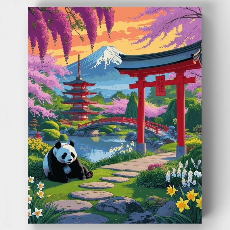 Japanese Garden with Panda and Mount Fuji - Paint by Numbers Kit