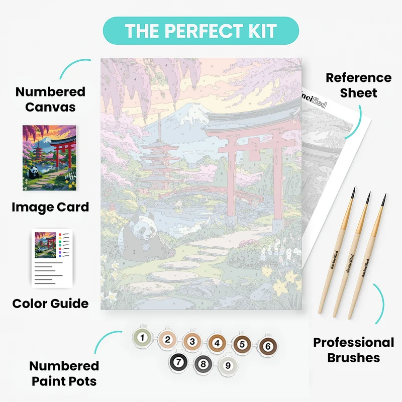 Japanese Garden with Panda and Mount Fuji - Paint by Numbers Kit