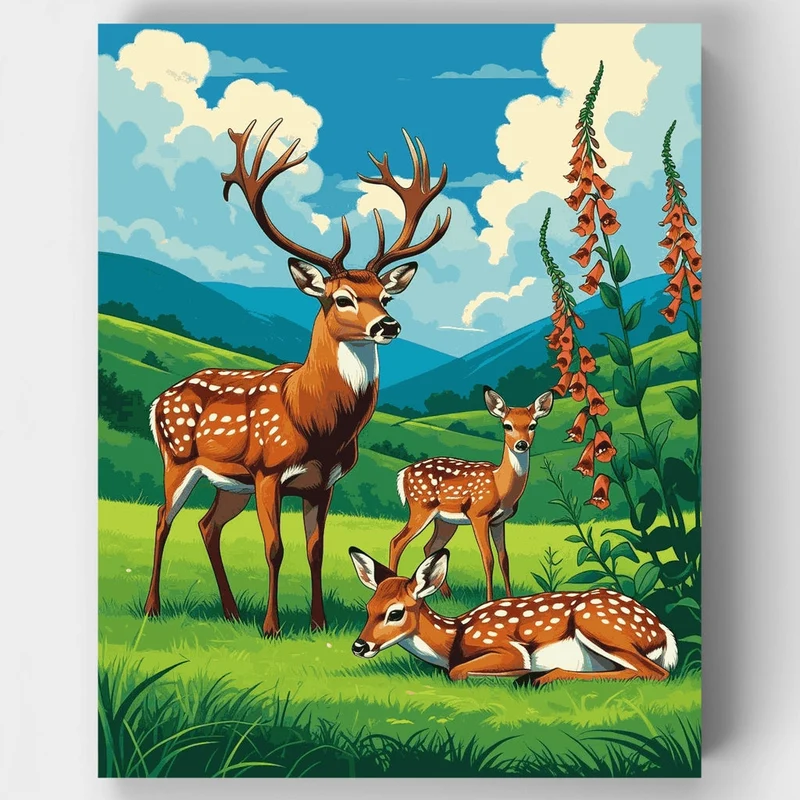 Deer Family in Mountain Meadow - Paint by Numbers Kit