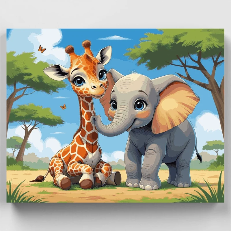 Adorable Baby Giraffe and Elephant Friends - Paint by Numbers Kit