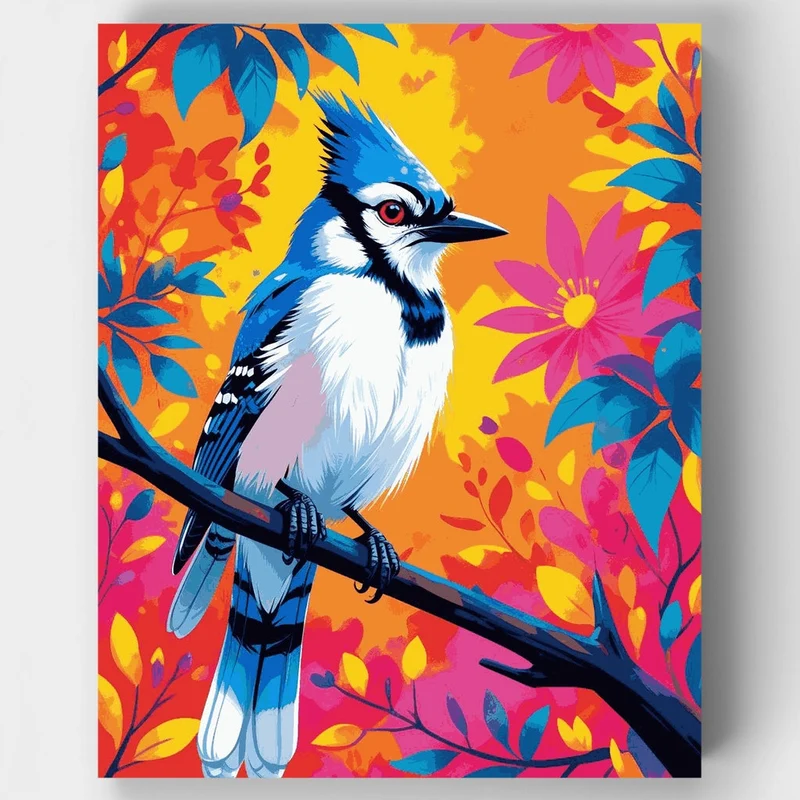 Vibrant Blue Jay in Blooming Garden - Paint by Numbers Kit