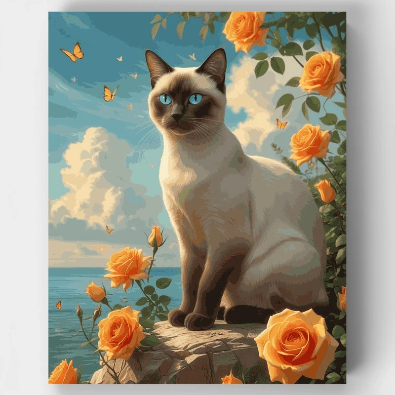 Siamese Cat with Orange Roses - Paint by Numbers Kit