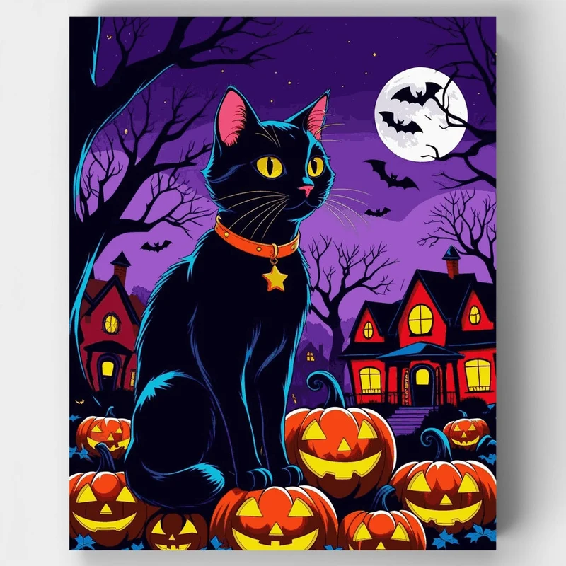 Halloween Black Cat with Pumpkins - Paint by Numbers Kit