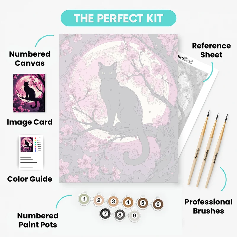 Black Cat Under Pink Moon with Cherry Blossoms - Paint by Numbers Kit