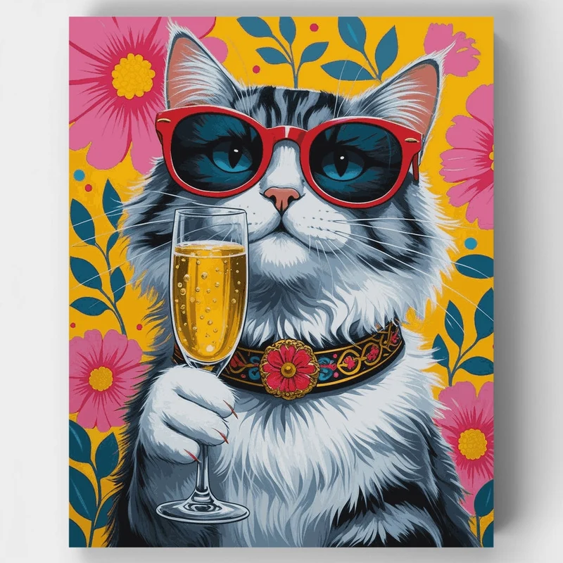 Cool Cat with Champagne - Paint by Numbers Kit