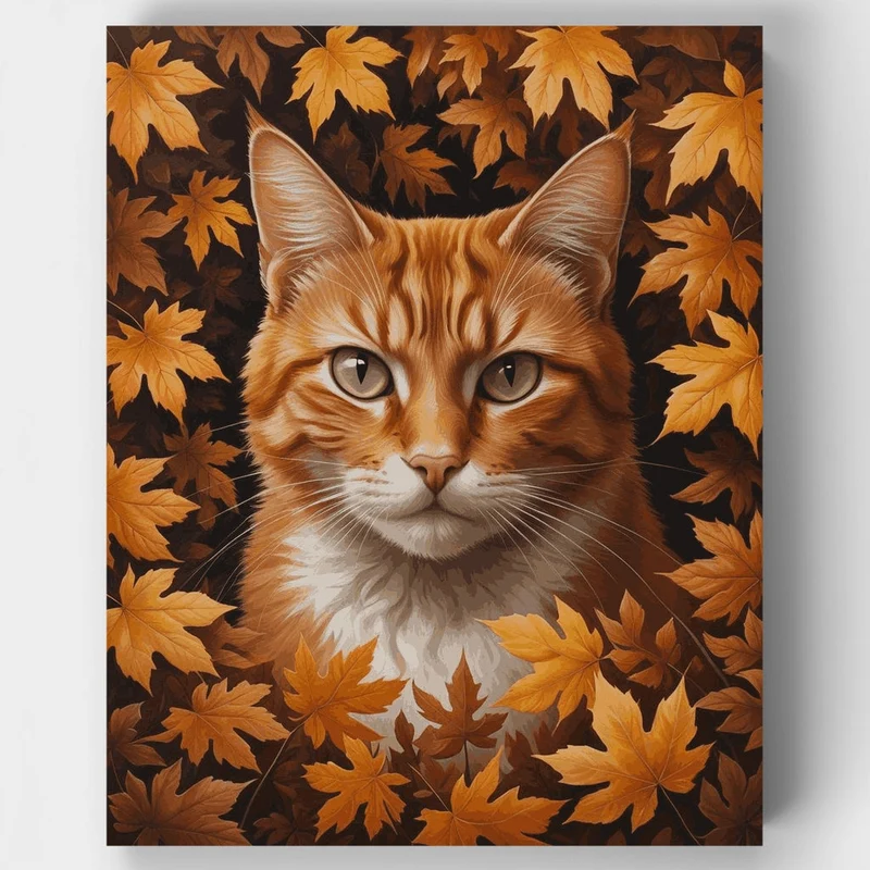Orange Tabby Cat in Autumn Leaves - Paint by Numbers Kit