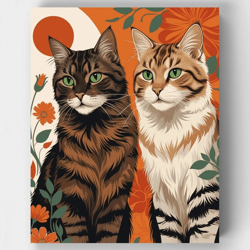 Two Tabby Cats with Orange Floral Background - Paint by Numbers Kit