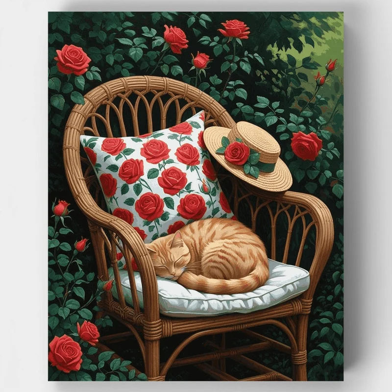 Ginger Cat Napping in Rose Garden - Paint by Numbers Kit
