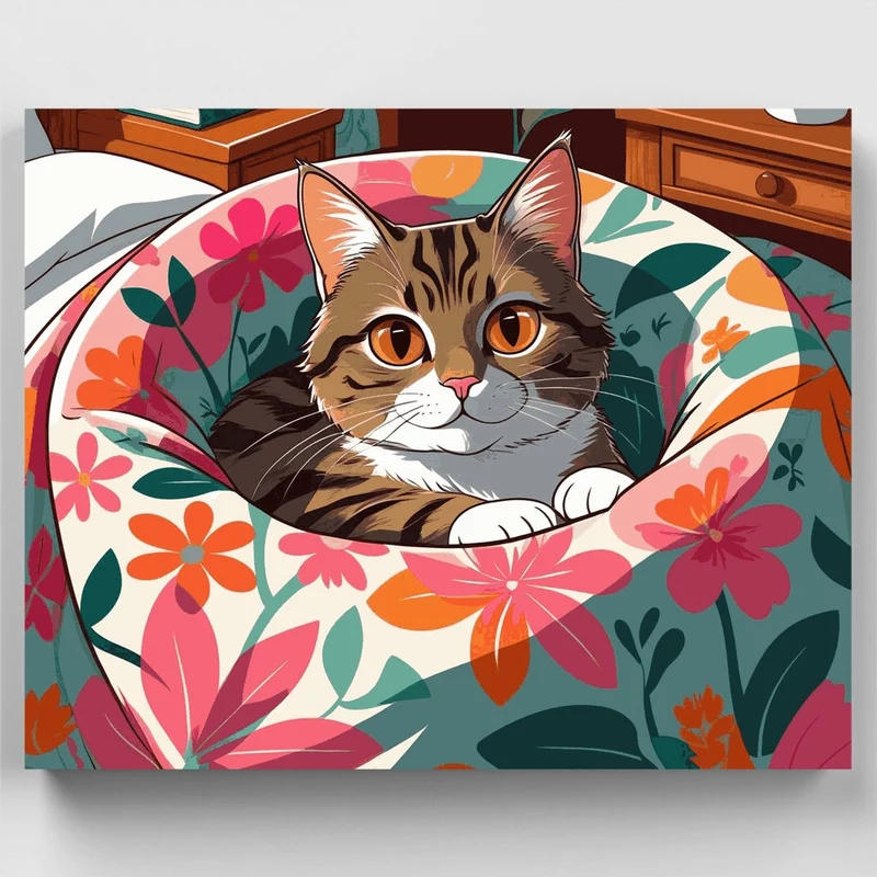 Cozy Tabby Cat in Floral Bed - Paint by Numbers Kit