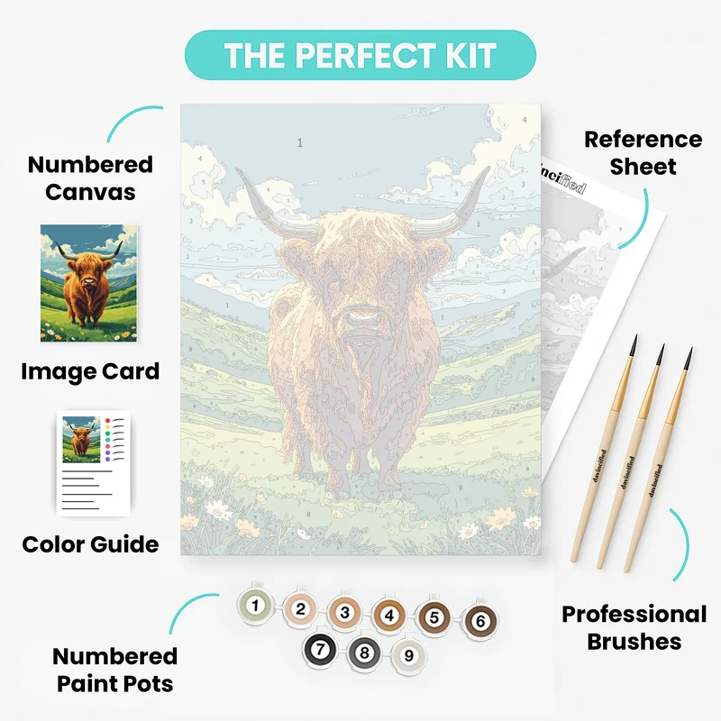 Majestic Highland Cow in Scottish Valley - Paint by Numbers Kit