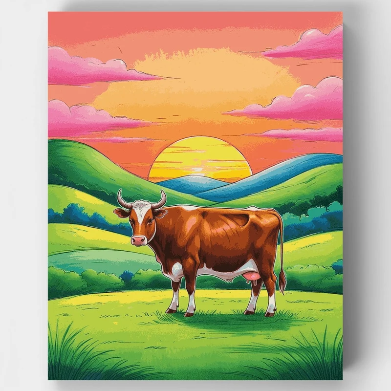 Sunset Cow in Rolling Hills - Paint by Numbers Kit