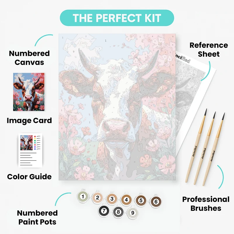 Cheerful Cow with Pink Flowers - Paint by Numbers Kit