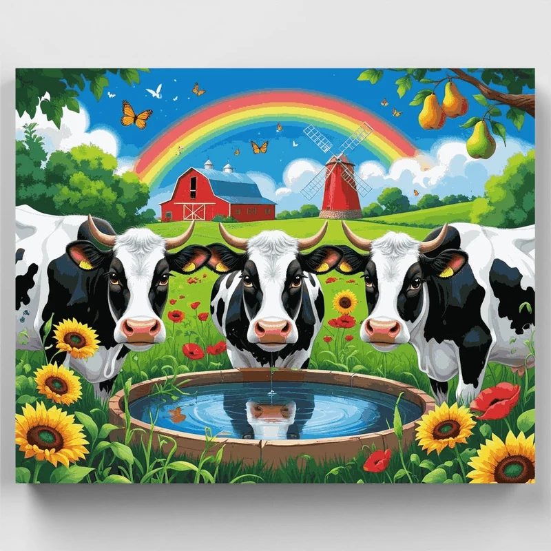 Idyllic Farm Cows with Rainbow - Paint by Numbers Kit