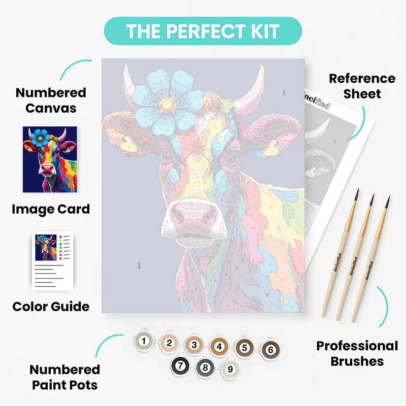 Rainbow Cow with Blue Flower - Paint by Numbers Kit