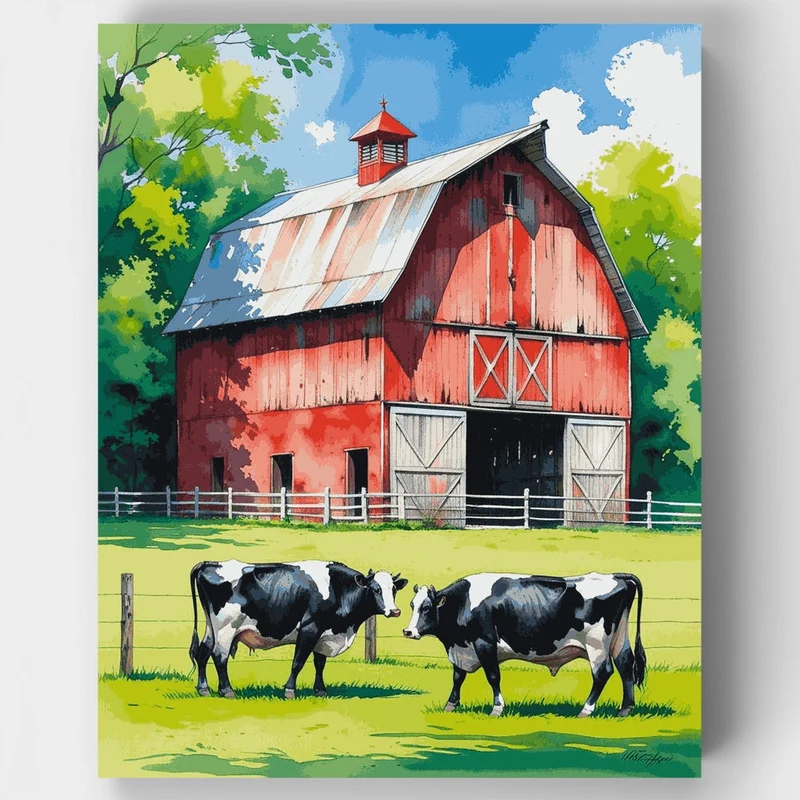 Red Barn with Holstein Cows - Paint by Numbers Kit