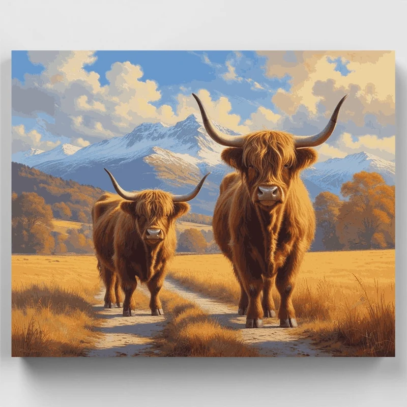 Highland Cows in Mountain Valley - Paint by Numbers Kit
