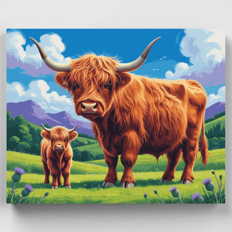 Highland Cows and Calf in Scottish Meadow - Paint by Numbers Kit