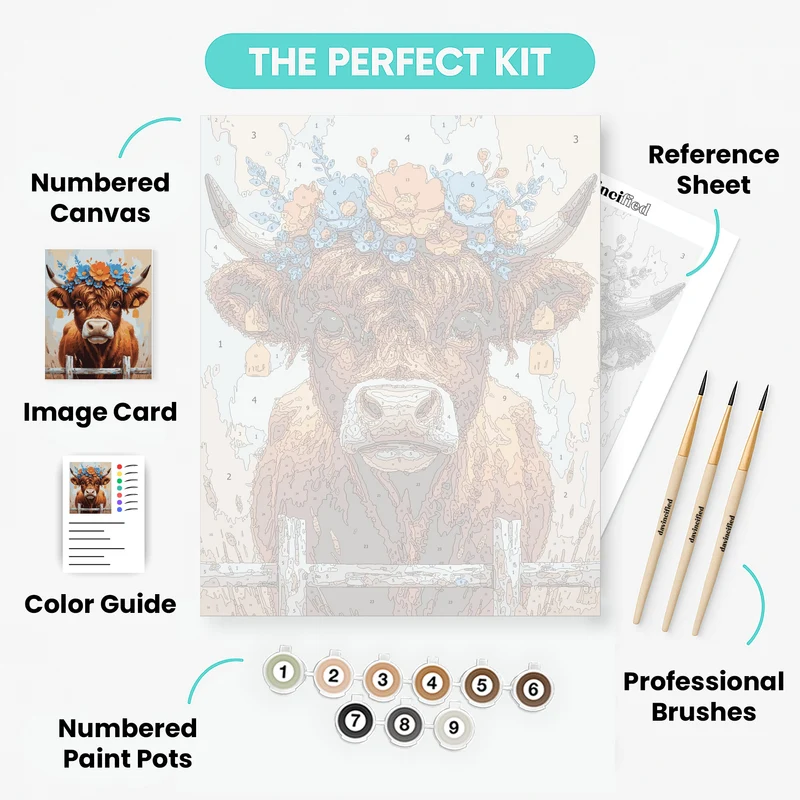 Highland Cow with Blue and Orange Blossoms - Paint by Numbers Kit