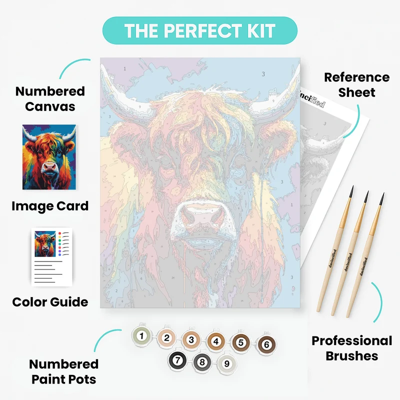 Vibrant Rainbow Highland Cow - Paint by Numbers Kit