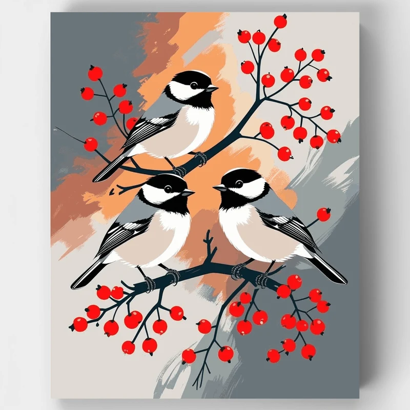Three Chickadees on Winter Berries - Paint by Numbers Kit