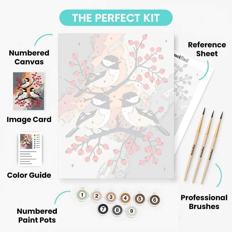 Three Chickadees on Winter Berries - Paint by Numbers Kit