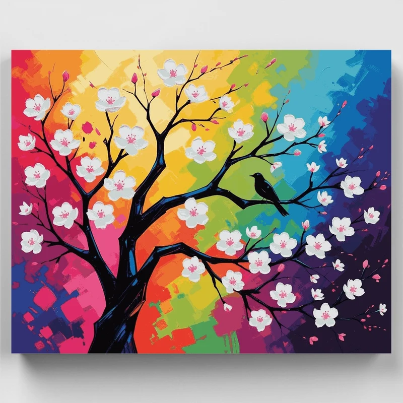 Vibrant Cherry Blossom Tree with Bird - Paint by Numbers Kit