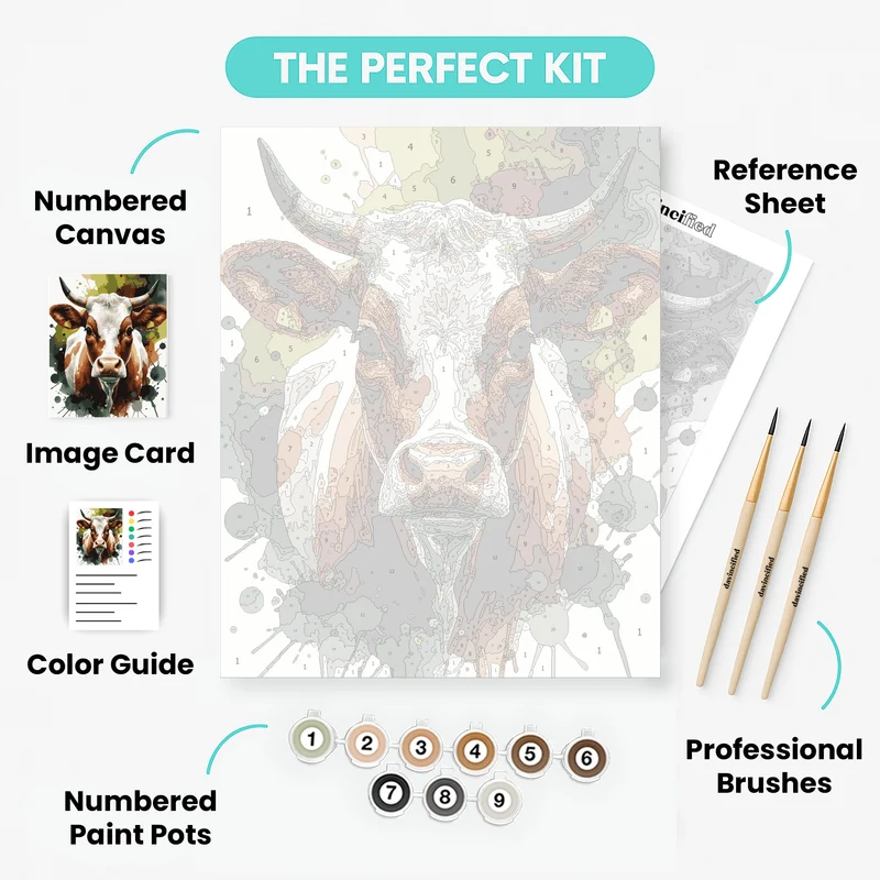 Watercolor Brown and White Cow - Paint by Numbers Kit